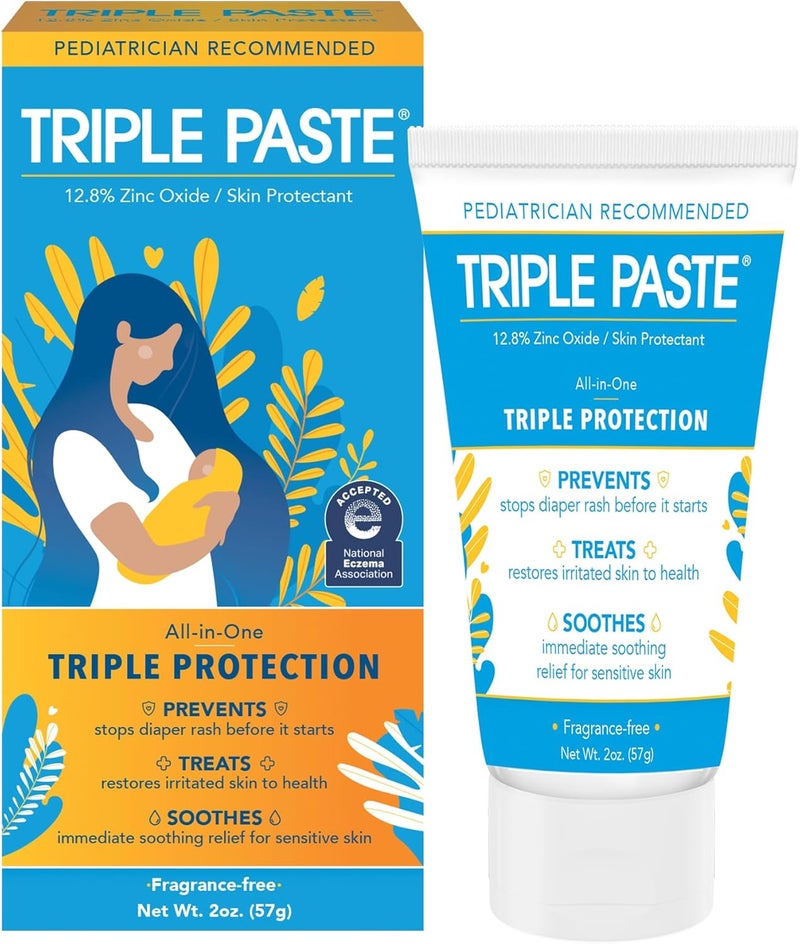 Triple Paste كريم طفح الحفاضات للأطفال - أنبوب 2 أونصة - مرهم أكسيد الزنك يعالج، يهدئ ويمنع طفح الحفاضات، تركيبة مضادة للحساسية موصى بها من قبل أطباء الأطفال، أساسيات الأطفال للاستخدام اليومي والليل - Image 1